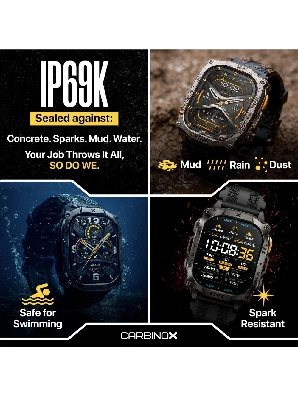 Edge Smart Watch Rugged, 1.96″ AMOLED, Stainless Steel, IP69K/5ATM Fitness Black